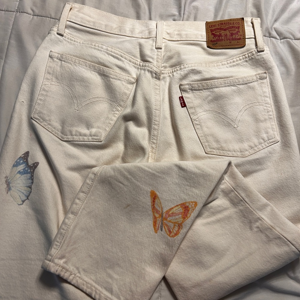Women's Cream Jeans with Butterfly Print
